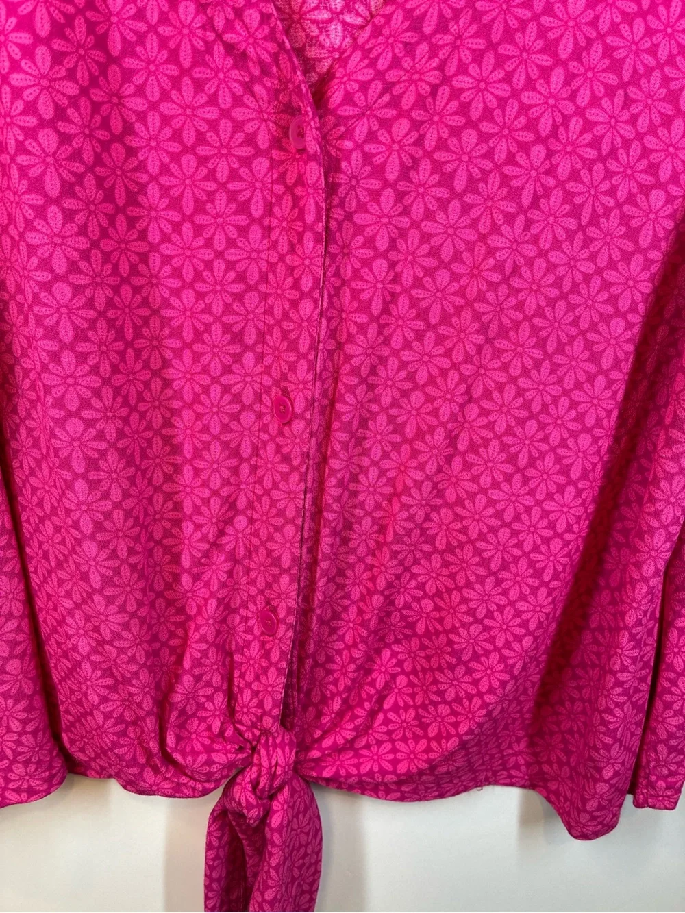 LOFT Pink Floral Print Tie Front Blouse V-Neck Puff Sleeve Size Large